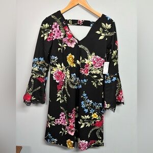 dressbarn Black Floral Dress with Bell Sleeves